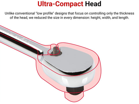 Three Eighth Inch Drive And One Half Inch Drive Flex Head Beefy Long Ratchet Set Non Quick Release close-up of ratchet head