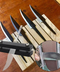 Rugged Hardened File Guide Knife Making Tool with knives on wood, close-up of file guide aligning handle scales on belt sander