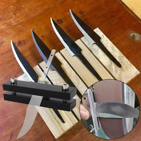 Rugged Hardened File Guide Knife Making Tool with knives on wood, close-up of file guide aligning handle scales on belt sander