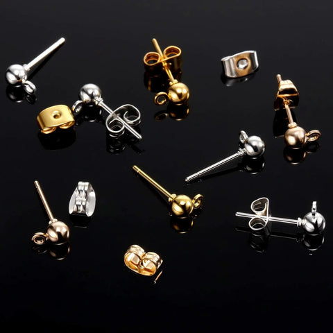 200 Pieces Ball Post Earring Studs And 240 Butterfly Backings Round Ball Ear Pins With Loop For Jewelry Dangle Earring Making In 4 Colors 4 mm, plated iron studs and backs