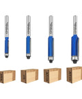 Set of 4 Pro Grade Top Bearing Flush Trim Router Bits, each with 1/4 inch shank and various height cuts, for veneer edge trimming.
