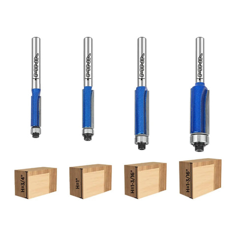 Set of 4 Pro Grade Top Bearing Flush Trim Router Bits, each with 1/4 inch shank and various height cuts, for veneer edge trimming.