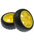 Four Pack 68mm TT Motor Hub Replacement DIY Kit For Smart Robots And RC Cars Rubber Tires For Smart Cars Scale 1 48 Gearbox RC Chassis Spare Parts For Distance Measurement And Speed Yellow Black showing yellow and black rubber tires, close-up view.