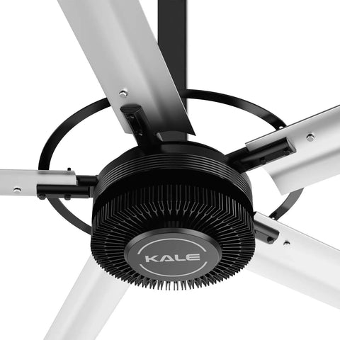 20 Ft HVLs Industrial Ceiling Fan Operating As A True Factory Workhorse Delivering Top Shelf Energy Savings Through A Sleek 3 Phase PMSM Setup close-up view of blades and motor.