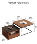 Modern Square Nesting Coffee Table Set Of Two Industrial Stacking Side Tables With Storage Drawers Solid Wood Accent Furniture For Living Room with dimensions showcased.