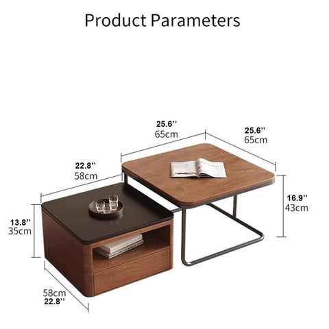 Modern Square Nesting Coffee Table Set Of Two Industrial Stacking Side Tables With Storage Drawers Solid Wood Accent Furniture For Living Room with dimensions showcased.