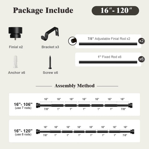 Package includes components for Built Tough Heavy Duty Metal Curtain Rod Set For Windows 66 To 120 Inches Adjustable 1 Inch Pole