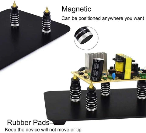 Magnetic Helping Hands With Three LED Magnifying Lamp showing magnetic holders and rubber pads securing electronics on base.