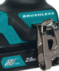 Ultra Compact 12V Max CXT Brushless Cordless Driver Drill showing brushless technology and 2.0Ah lithium battery connection.