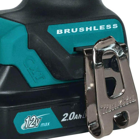 Ultra Compact 12V Max CXT Brushless Cordless Driver Drill showing brushless technology and 2.0Ah lithium battery connection.