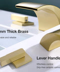 Close-up of Brushed Gold 8 Inch Widespread Bathroom Faucet With Two Handles For 3 Hole Lavatory Vanity Sink Tap showing brass.