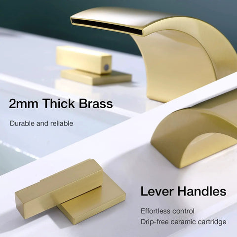 Close-up of Brushed Gold 8 Inch Widespread Bathroom Faucet With Two Handles For 3 Hole Lavatory Vanity Sink Tap showing brass.