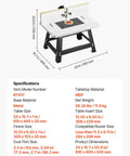 Benchtop Router Table With 24 by 15.7 Inch MDF Top And Adjustable Fence, Sturdy Metal Base, 2.5 Inch Dust Port, Easy Setup For Routers And Drill Bits, Ideal For Home Woodworking Projects And Precision Cuts showing dimensions and setup.