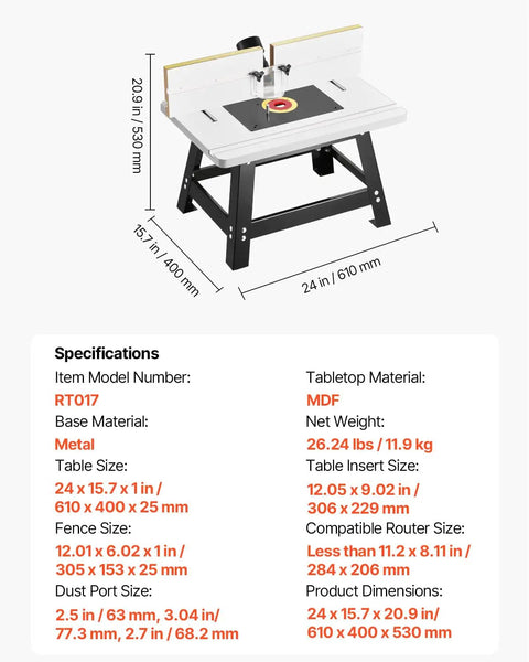 Benchtop Router Table With 24 by 15.7 Inch MDF Top And Adjustable Fence, Sturdy Metal Base, 2.5 Inch Dust Port, Easy Setup For Routers And Drill Bits, Ideal For Home Woodworking Projects And Precision Cuts showing dimensions and setup.