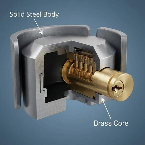 Cross-section of Heavy Duty Puck Lock And Hasp With Hidden Shackle High Security Steel Padlock showing solid steel body and brass core.