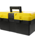 Badass Stackable Plastic Toolbox With Slick Removable Tray And Padlock Buckles To Lock It Down showing sturdy yellow and black design.