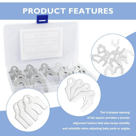 48 Piece Metal Shim Kit Pro Grade For Auto Alignment And Leveling With Multiple Inch Shims Including One Eighth One Sixteenth One Thirty Second And One Sixty Fourth For Precise Suspension And Body Alignment Fits Most Cars in open box showing U-shaped and flat shims.