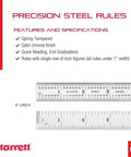Beefy Durable Spring Tempered Steel Ruler 6 Inch Quick Reading Satin Chrome Finish With Inch Graduation And 4R Scale End Graduations Three Sixty Fourth Inch Thickness displayed with features list