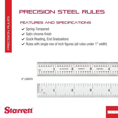 Beefy Durable Spring Tempered Steel Ruler 6 Inch Quick Reading Satin Chrome Finish With Inch Graduation And 4R Scale End Graduations Three Sixty Fourth Inch Thickness displayed with features list