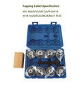 Heavy Duty 1200W Electric Tapping Machine 360 Degree Rotation M6 To M30 Threading Tool with tapping collet specification in blue case.