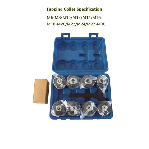 Heavy Duty 1200W Electric Tapping Machine 360 Degree Rotation M6 To M30 Threading Tool with tapping collet specification in blue case.