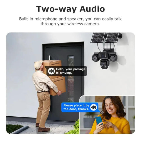 20MP Four Lens Solar Security Camera Outdoor Wifi Wireless Surveillance For Home Yard And Driveway Keeps Your Place Locked Down Fo Sho Ultra Wide Angle, two-way audio in use with delivery person.