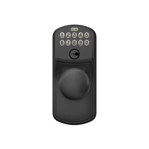 Front view of Plymouth Keypad Lock With Lever Handle For Easy Keyless Entry In Matte Black Auto Lock Enabled Built For Front Doors.