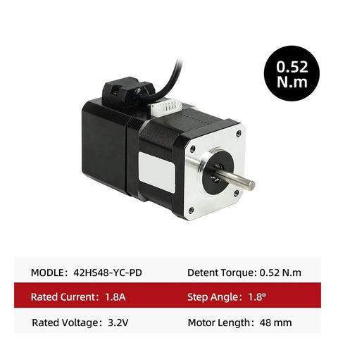 Front view of 42HS48-YC-PD brake stepper motor, black body with silver front flange and 0.52 N·m torque
