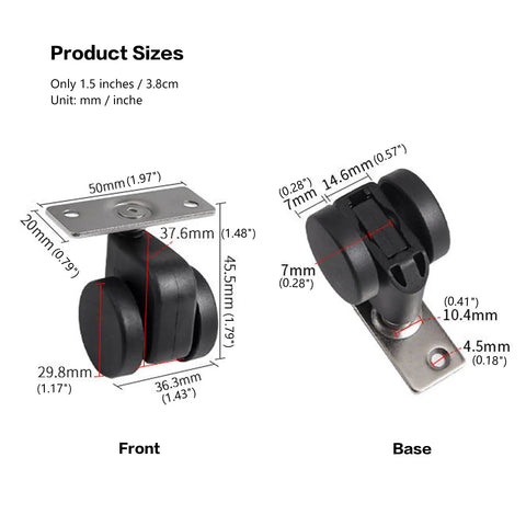 Set Of 4 Dead Silent Caster Wheels With Auto Locking Stem And 360 Swivel Top Plate For Furniture Tables And Toolboxes No Sweat Install Supports 440 Lbs And Rolls Like Butter Across Any Floor product sizes image with measurements
