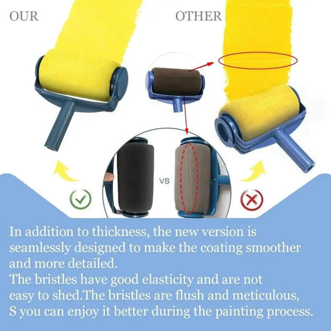 Comparison of No Sweat Seamless Paint Roller Brush with a standard roller, showing improved bristle design and coverage.