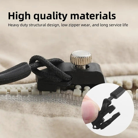 Ten Piece Tool Free Zipper Repair Kit For Backpacks Jackets And Clothes With Removable Universal Zipper Repairer Built For Easy Quick Fixes No Tool Needed Durable Metal Construction In Medium Size showing repairer in use close-up