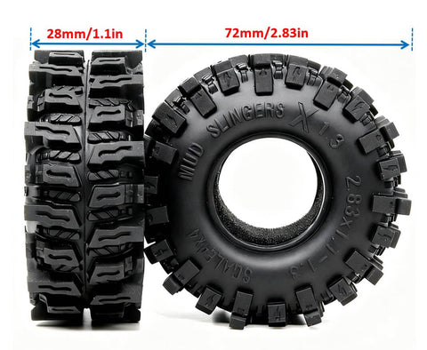 1.3 Inch RC Crawler Tires Mud Slingers X Soft Sticky Compound For 1/24 And 1/18 Scale Rigs, 72mm By 28mm, front and side view