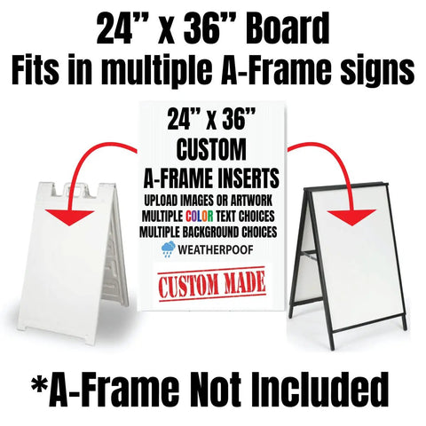 A Frame Sign Board 24 By 36 Inch Weatherproof Outdoor Sandwich Sign With Full Color Prints And Text Inserts For Business Sidewalk Advertising UV Resistant Corrugated Plastic Customize Your Message For Events Or Campaigns, showcasing insert options with A-frame not included