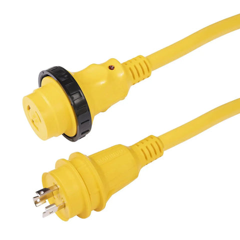 Close-up of yellow 30 Amp 125 Volt Marine Shore Power Cordset, 50 Ft with watertight plug and connector, ergonomic contour grip handle