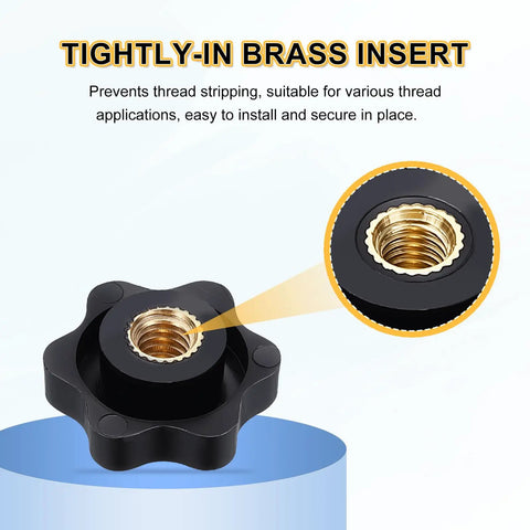Close-up of Three Pack One Quarter Inch Star Knobs With Six Point Plastic Heads 25mm Diameter Brass Insert shown in black
