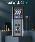 Cordless Tire Inflator Air Compressor with Accurate Pressure Gauge 150 PSI Portable Pump and accessories on display