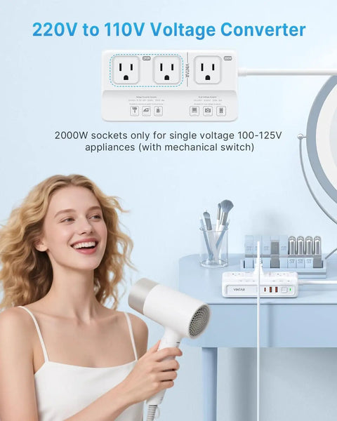 220V To 110V Voltage Converter 2000W Universal Travel Adapter And Step Down Transformer with woman using hair dryer