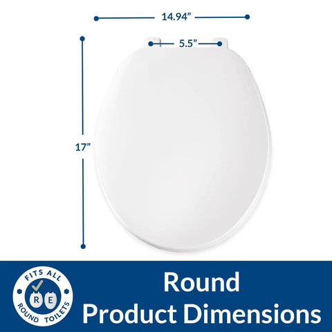 Top view of Durable Plastic Toilet Seat Round White Easy Top Tight Hinges for No Bend Install, showing 14.94" W x 17" L dimensions