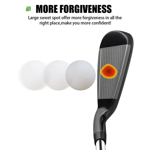 Men's 9-Piece Golf Iron Set With Steel Shafts For Right-Handed Players, showcasing hollow-body iron with deep CNC grooves and golf ball.