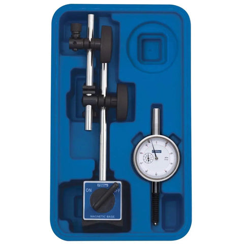 Blue X-Proof Water Resistant Indicator Set With Magnetic Base Beefy 85 Lb Pull Lever Fine Adjustment Quarter Inch Post Mount V-Base For Round Surfaces IP54 X-Proof Indicator Travel 1 Inch Reading.001 Continuous Model 72-585-155-0