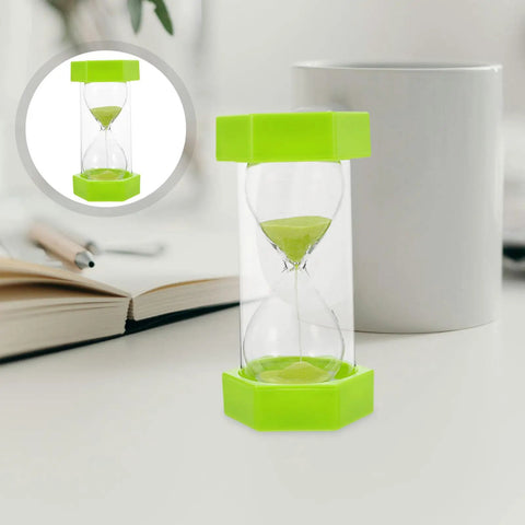 2 Minute Mini Hexagon Sand Timer In Grass Green on desk near mug and book, Ultra Handy Hourglass Timer For Toothbrushing, Cooking, Studying