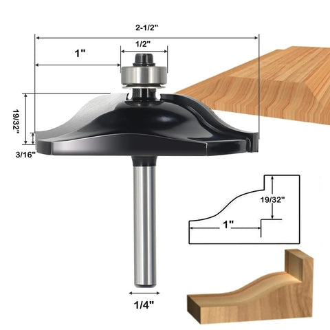 Three Piece Cabinet Door Router Bit Set With 1/4 Inch Shank, detailed diagram showing bit dimensions and profile