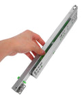 One Pair Drawer Slides With Smooth Glide Bottom Mount being held, showing metal construction and mounting detail for under-drawer install.