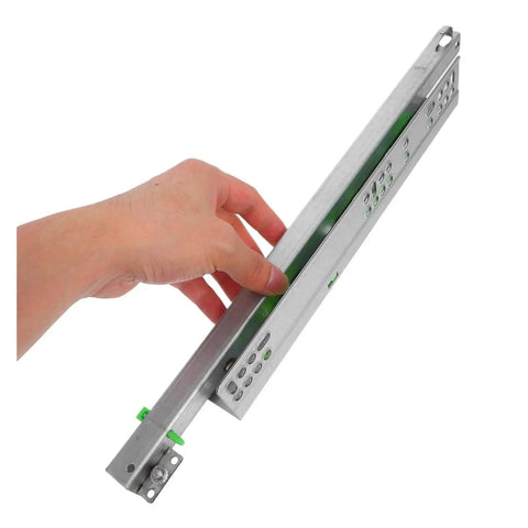 One Pair Drawer Slides With Smooth Glide Bottom Mount being held, showing metal construction and mounting detail for under-drawer install.