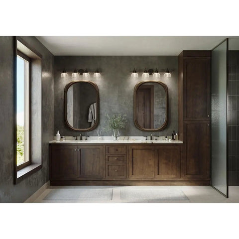 Bathroom with Archie Collection 4-Light Bath Vanity Light With Clear Double Prismatic Glass Shades In Venetian Bronze Finish