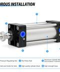 Diagram of Pneumatic Air Cylinder 63mm Bore and 200mm Stroke, Aluminum Body with labeled parts, highlighting features and installation details.