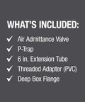 What's included list for Workhorse 8 DFU Capacity Air Admittance Valve Installation Kit For DWV Systems