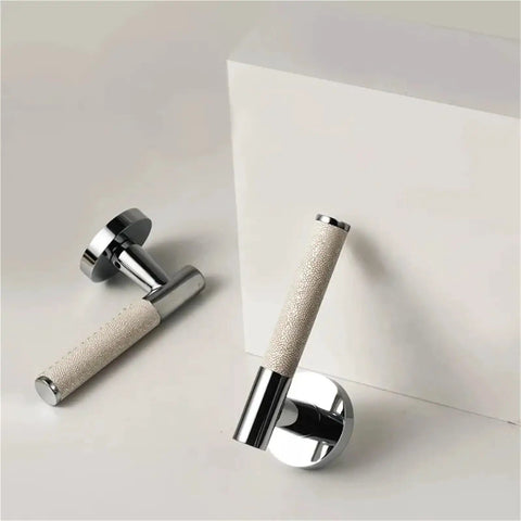 Lychee Skin Door Lock Set In Brass Gray with dummy handle displayed on a white surface, ideal for modern interior doors.