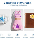 Vinyl pack used on glass mug with octopus design, pink outfit with star pattern, and brown notebook with cloud decal.