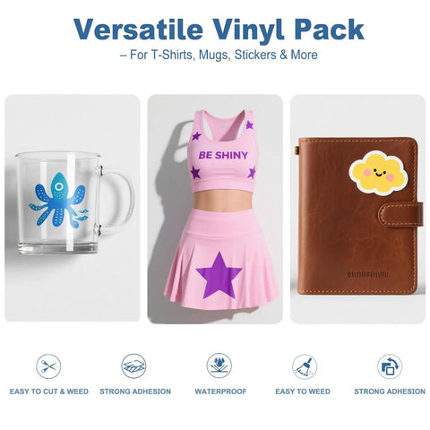 Vinyl pack used on glass mug with octopus design, pink outfit with star pattern, and brown notebook with cloud decal.